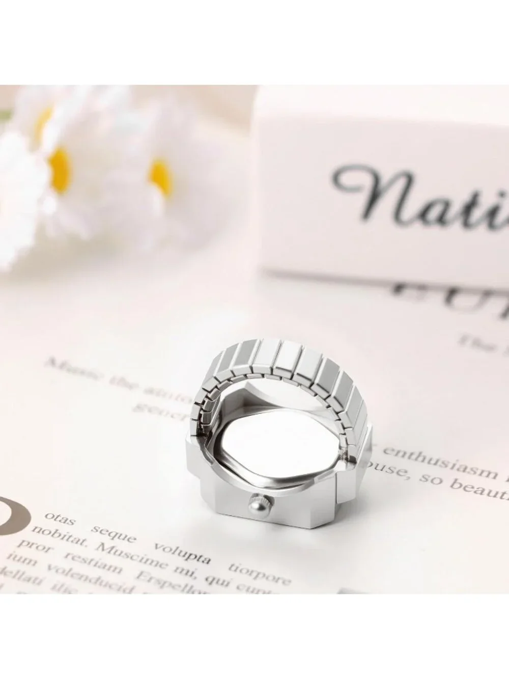 Unisex All Silver Quartz Stainless Steel Elastic Band Square Finger Ring Watch